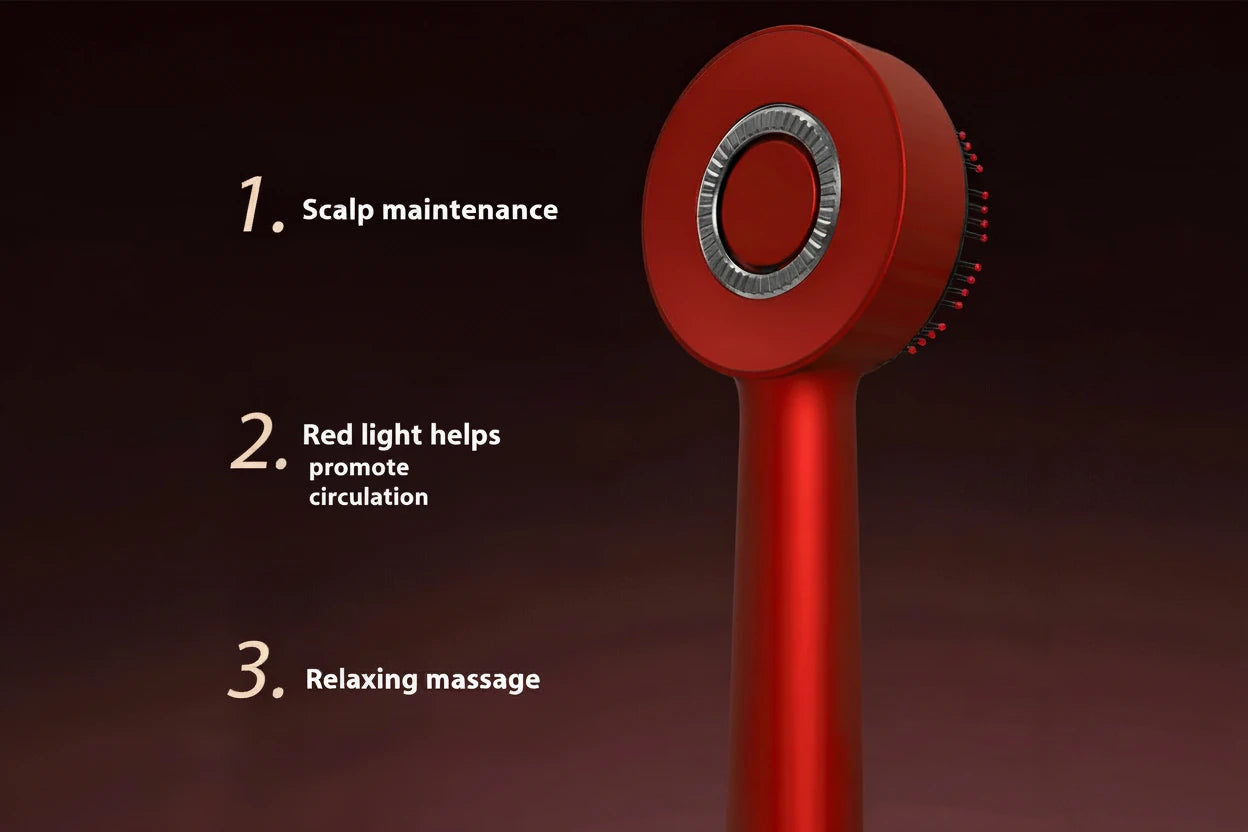 Red scalp massager with text on a dark background